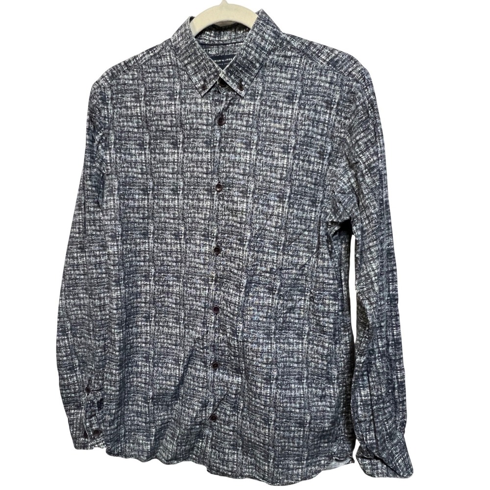 Premium by Jack & Jones Mens Navy Blue Abstract Crosshatch Print Shirt Medium